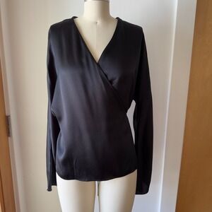 VINCE Wrap Tie Blouse-100% Silk V-neck Crossover-Minimalist Wrap-Black-Large-NWT